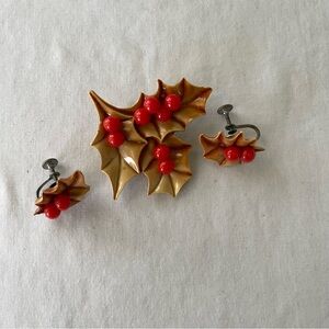 Vintage Celluloid Red and Brown Holly Leaf Earrings and Pin Brooch
